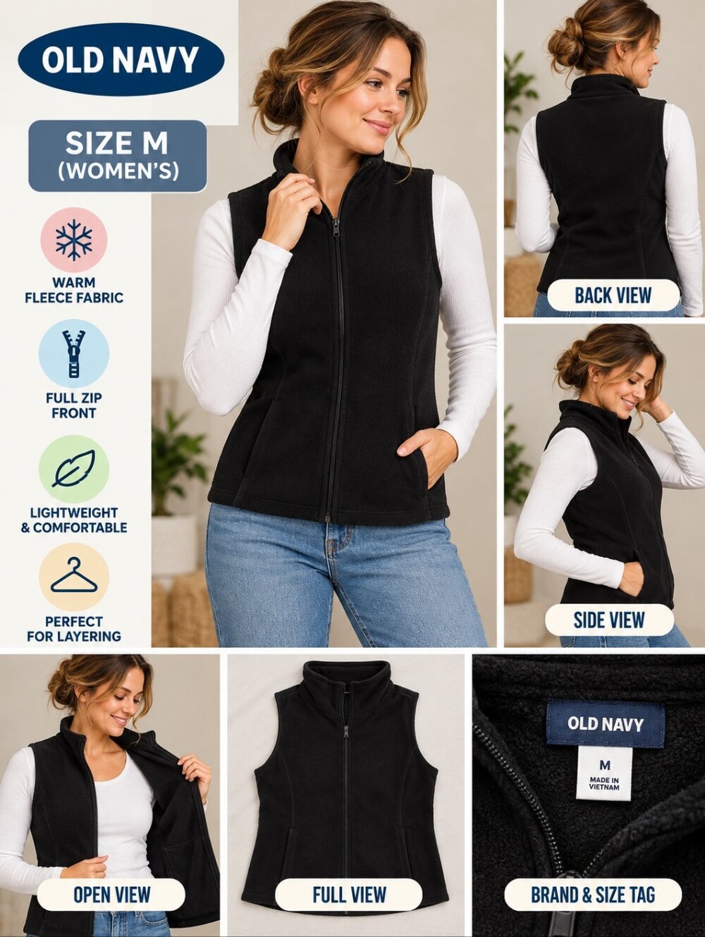 Old navy Women's medium black zip up fleece vest #36